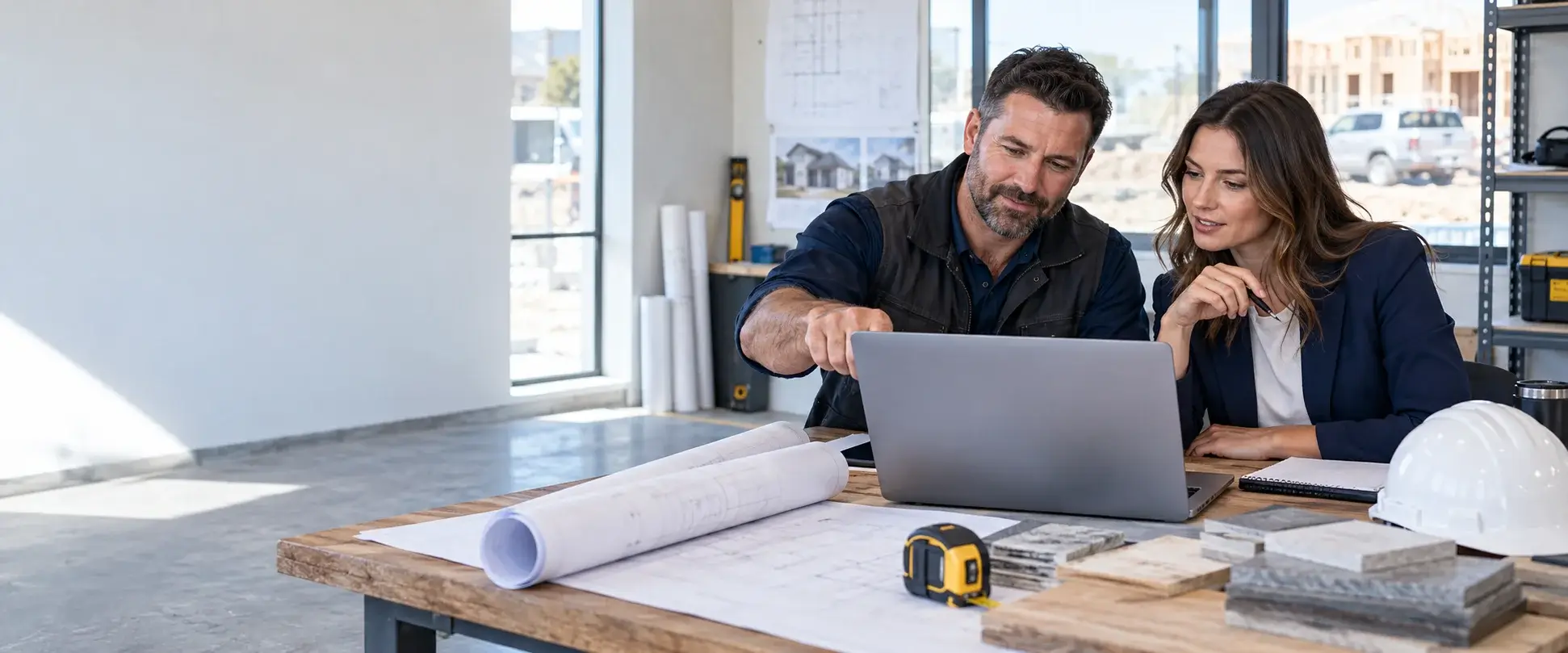 Tradespeople and a marketing consultant reviewing job leads on a laptop at a work site