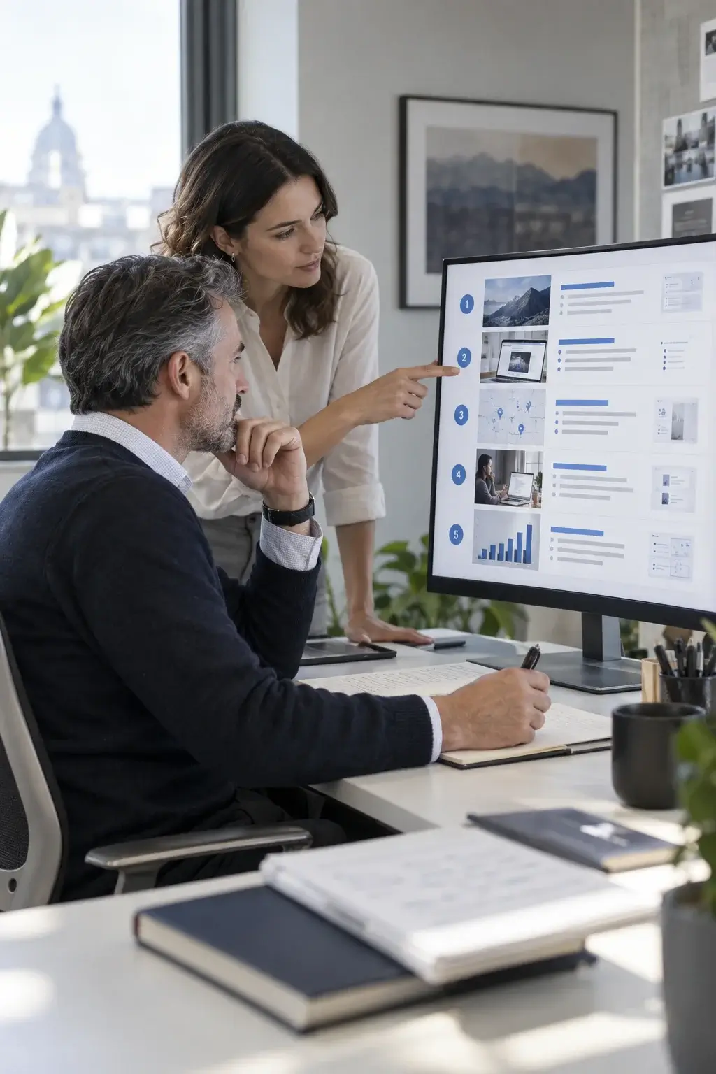 An advisor and a client reviewing an authority-content and SEO plan on screen