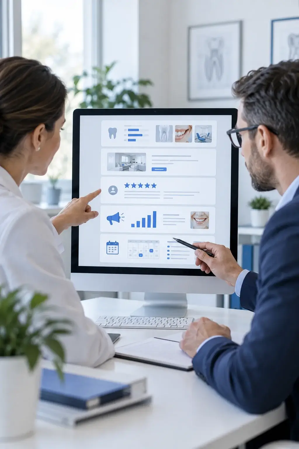 Clinic staff reviewing a treatment-level local SEO and booking plan on a monitor