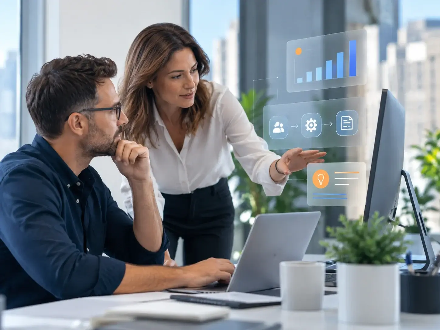 A consultant and a client reviewing an AI-driven marketing plan on screen, with an audience-model-content workflow and a growth chart