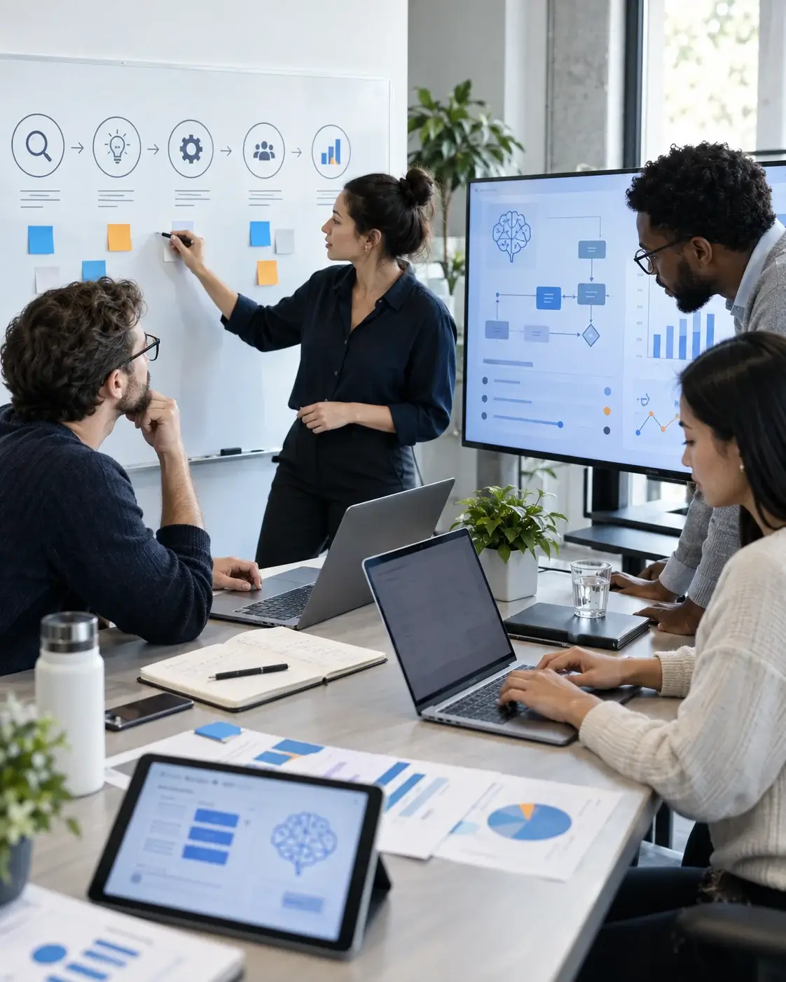 A team working through an AI marketing plan at a wall screen, a research-to-results icon flow, an AI workflow diagram and charts
