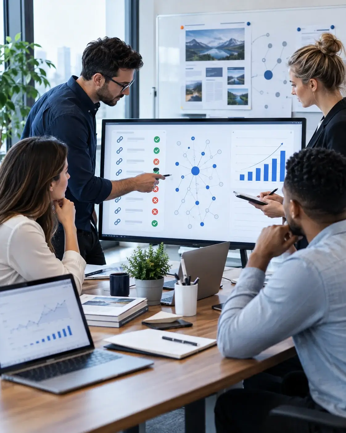 A team reviewing a link audit on a wall screen, good and toxic links flagged, a backlink network graph, and a rising traffic chart