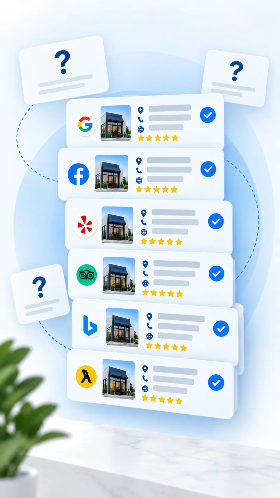 Directory listings with green check marks and floating question-mark cards, illustrating common citation questions