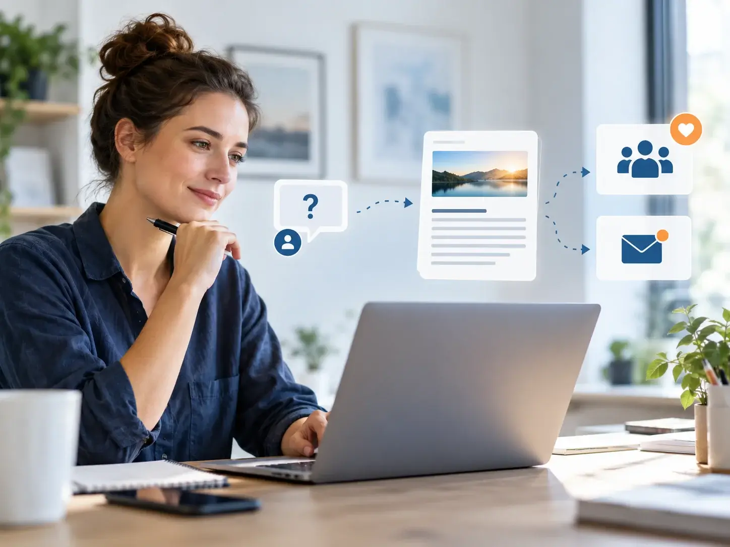 A content strategist reviewing an article and an editorial calendar on screen, with traffic and engagement charts alongside