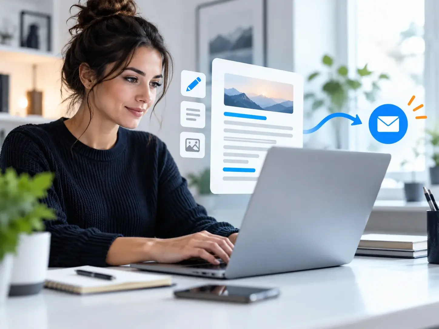 A copywriter drafting website and email copy on a laptop, with edit, text and image blocks and an email icon floating beside the screen