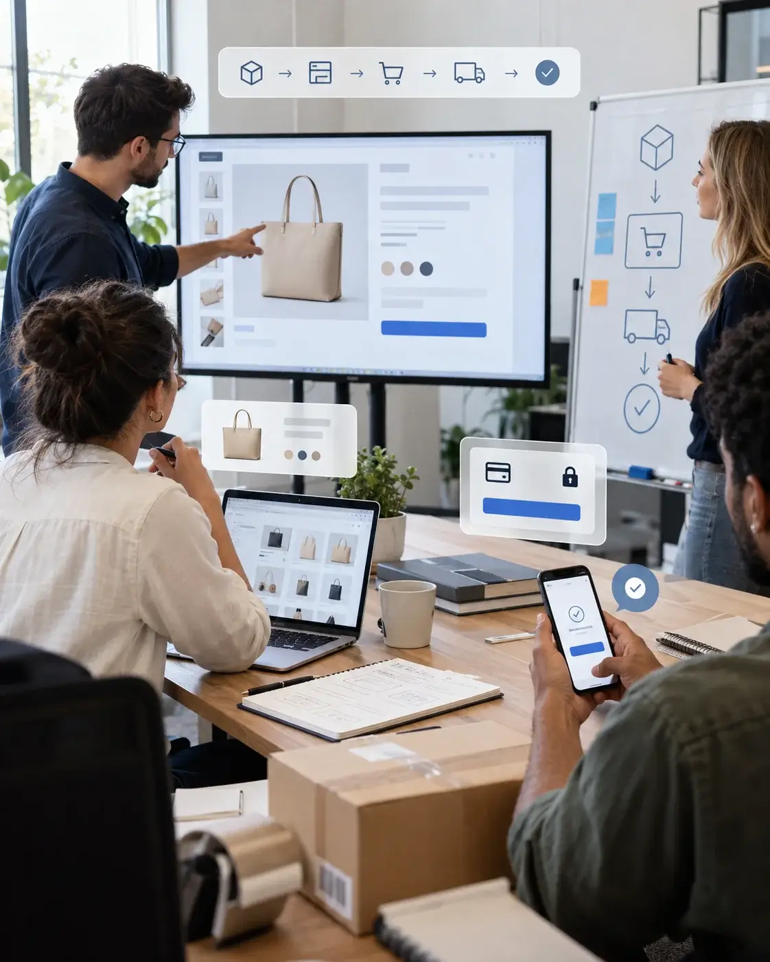 A team working through the e-commerce build at a screen, a product-to-delivery icon flow, a product page and a secure-checkout card