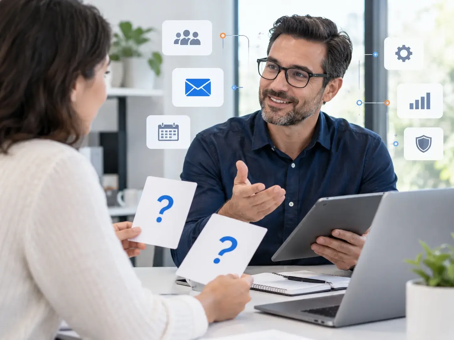 An advisor answering a client's questions about email marketing, with floating question-mark cards for lists, automation and deliverability