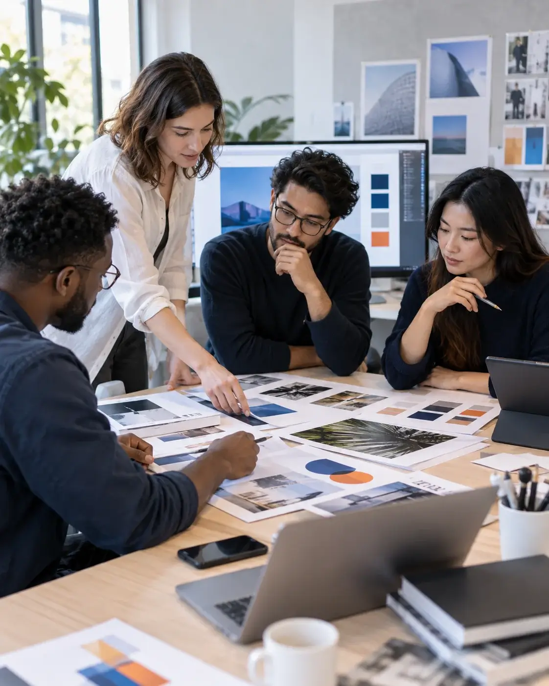 A design team reviewing concepts around a table, with layout options, colour palettes and printed mockups spread across the desk