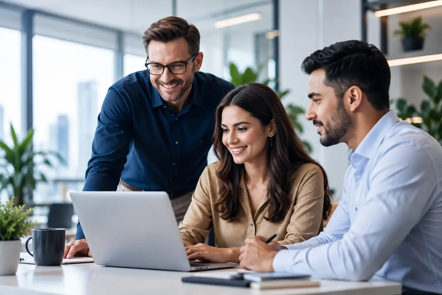 Three colleagues reviewing work together on a laptop in a bright modern office