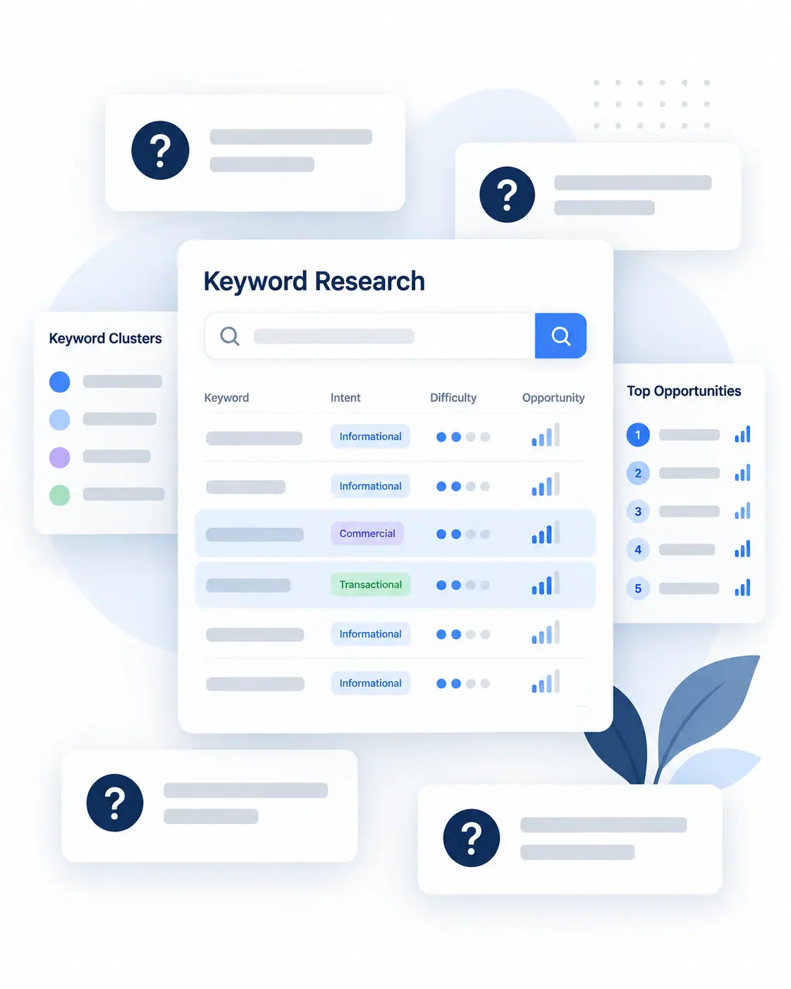 A keyword research panel with intent, difficulty and opportunity columns, ringed by floating question-mark cards