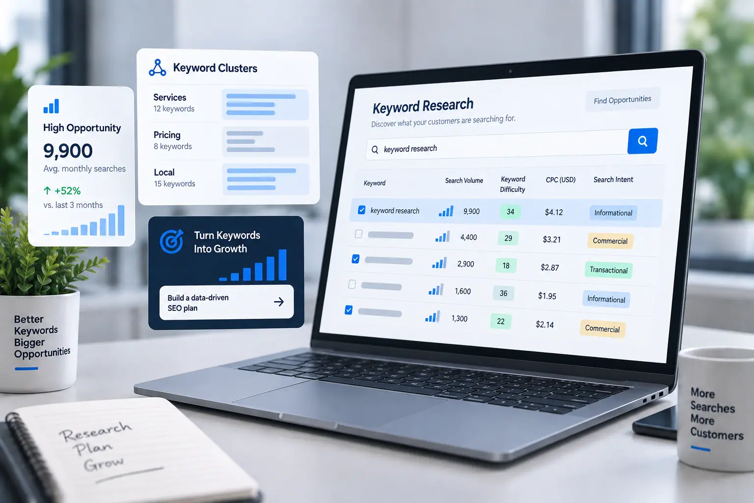 A keyword research tool on a laptop listing terms by search volume, difficulty, CPC and intent, with keyword-cluster and opportunity cards alongside