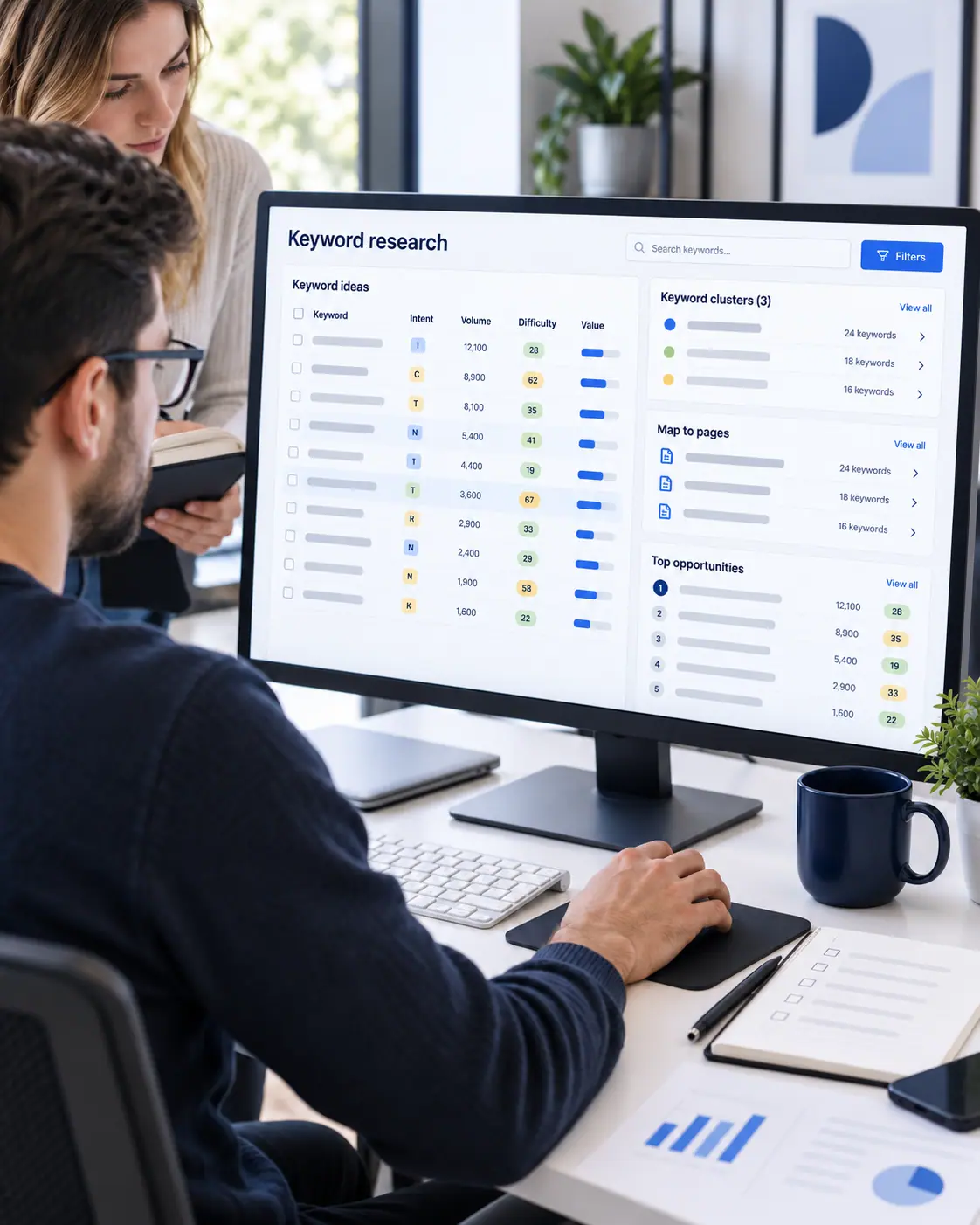Two colleagues reviewing a keyword research dashboard on a monitor, keyword ideas, clusters, page mapping and top opportunities