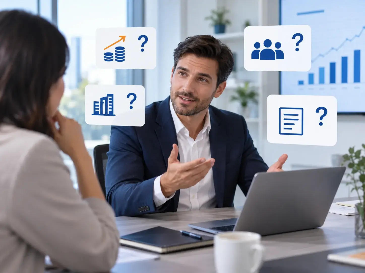 An advisor answering a client's questions about LinkedIn Ads, with floating question-mark cards for targeting, budget and lead tracking