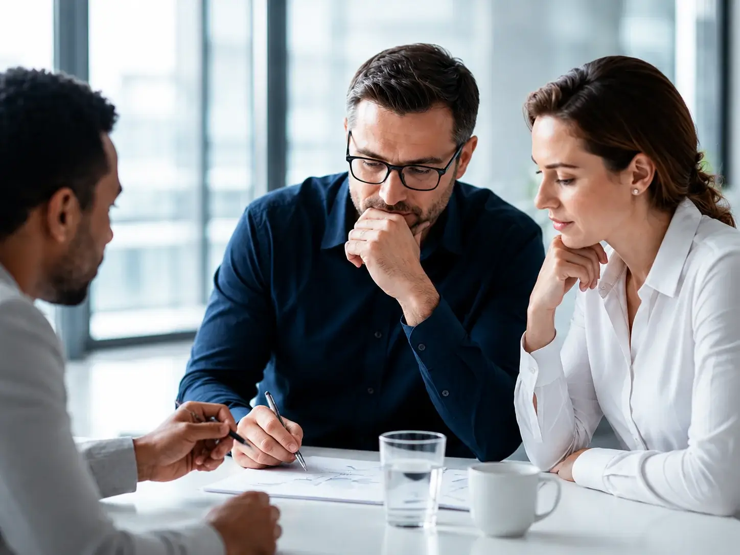 Three colleagues weighing up a marketing plan together at a boardroom table