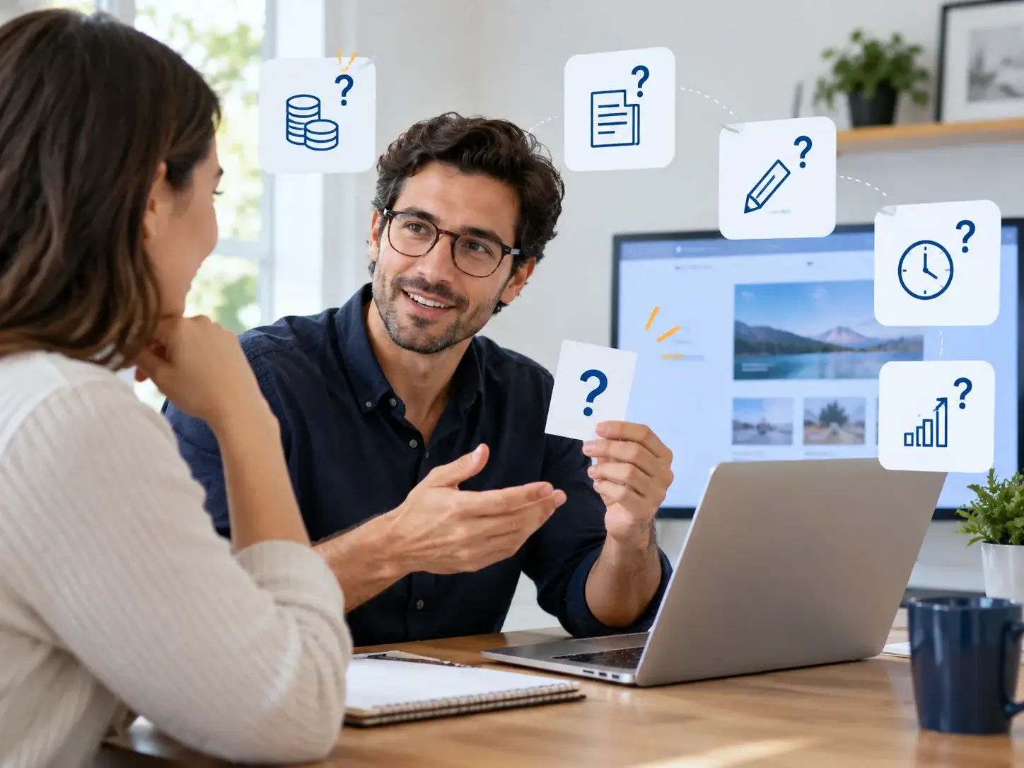An advisor answering a client's questions about a small-business website, with floating question-mark cards for pages, timeline and updates