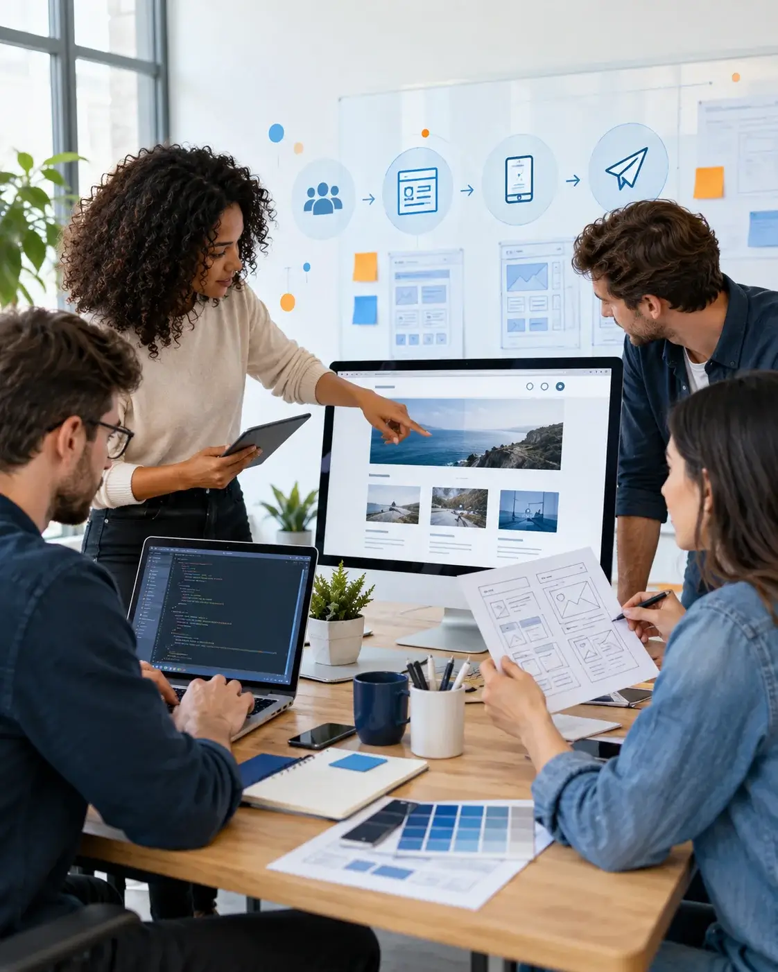 A team planning a small-business website around a table, with page layouts sketched on paper and a mockup on screen