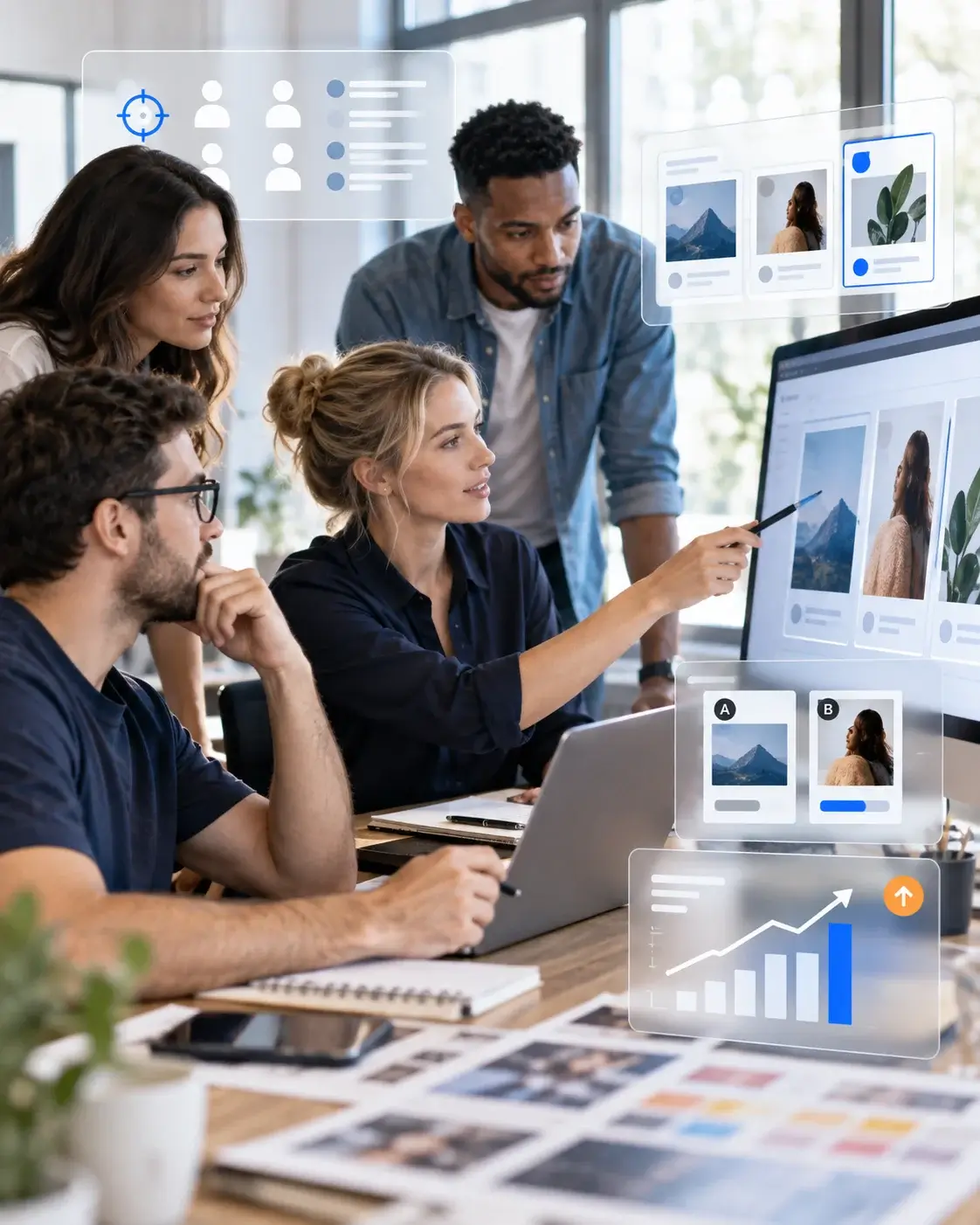 A team reviewing a paid social campaign at a wall screen, ad creative, audience segments and a cost-per-result chart