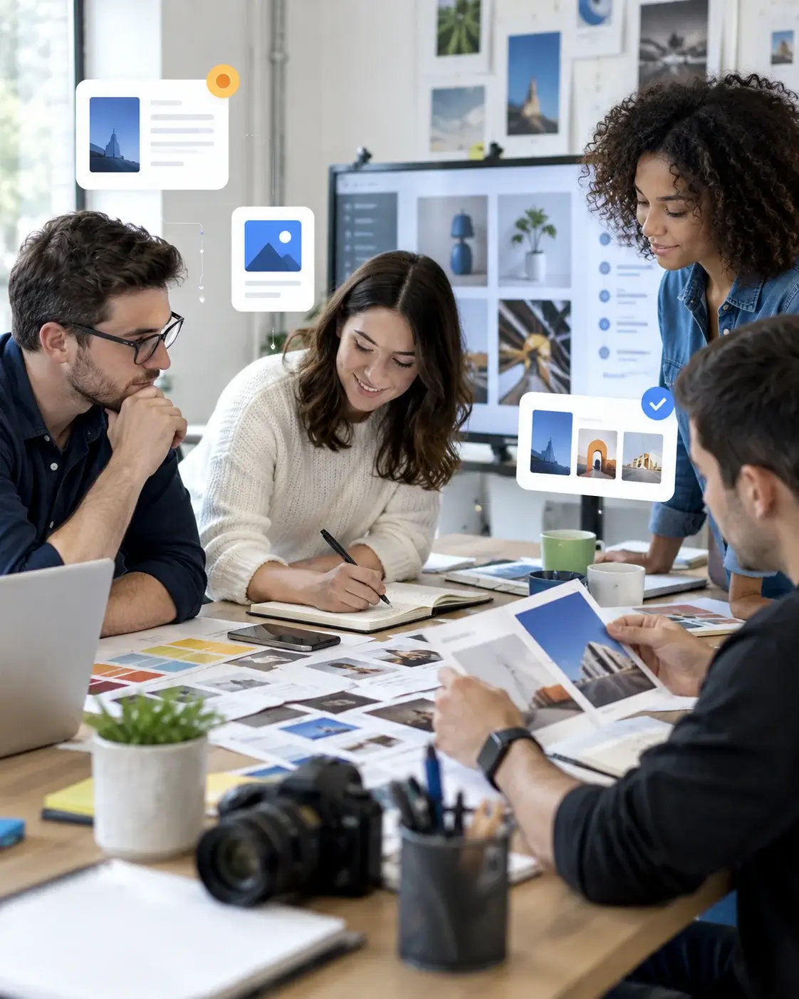 A content team planning a social grid around a table, with post mockups, captions and a publishing schedule on screen