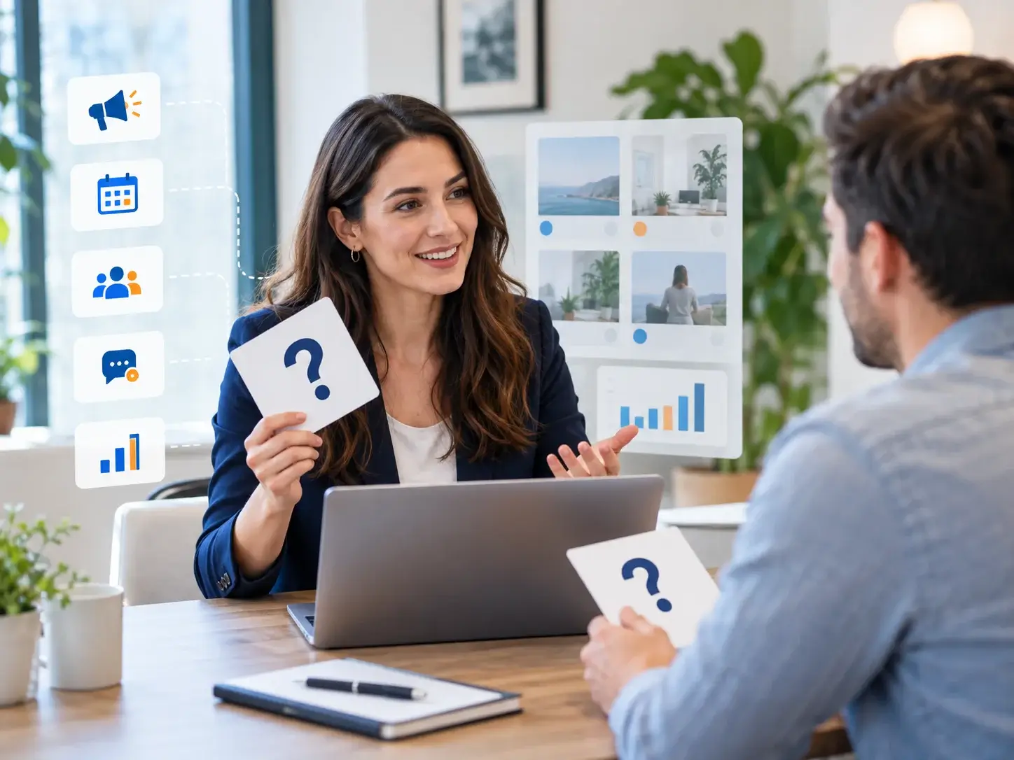 An advisor answering a client's questions about social media management, with floating question-mark cards for platforms, posting and reporting