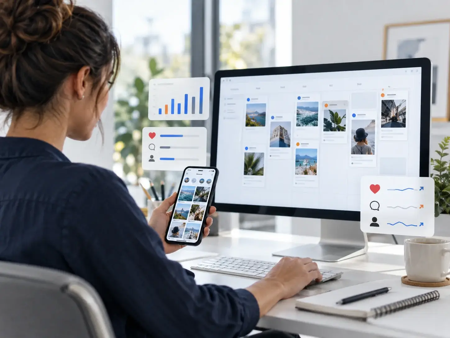 A social media manager reviewing a content calendar on a monitor and a phone feed, with likes, comments and follower-growth cards floating alongside