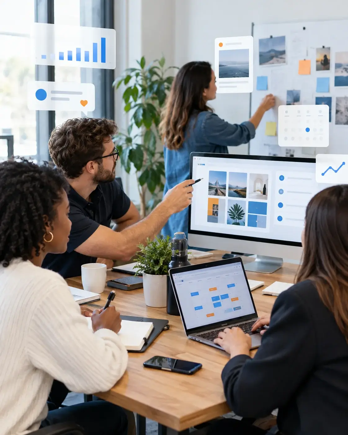 A social team reviewing the content calendar at a wall screen, with scheduled posts, engagement charts and a phone feed