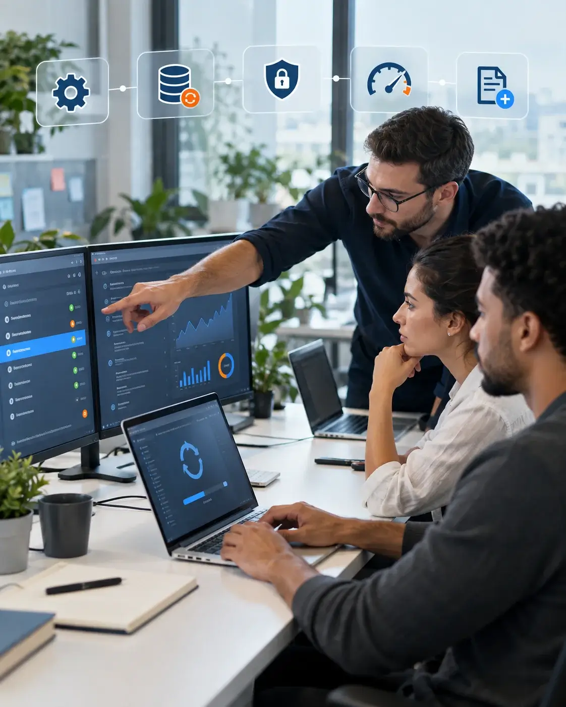 A developer team reviewing site health at a wall screen (an update, backup and security checklist) with uptime charts on the table