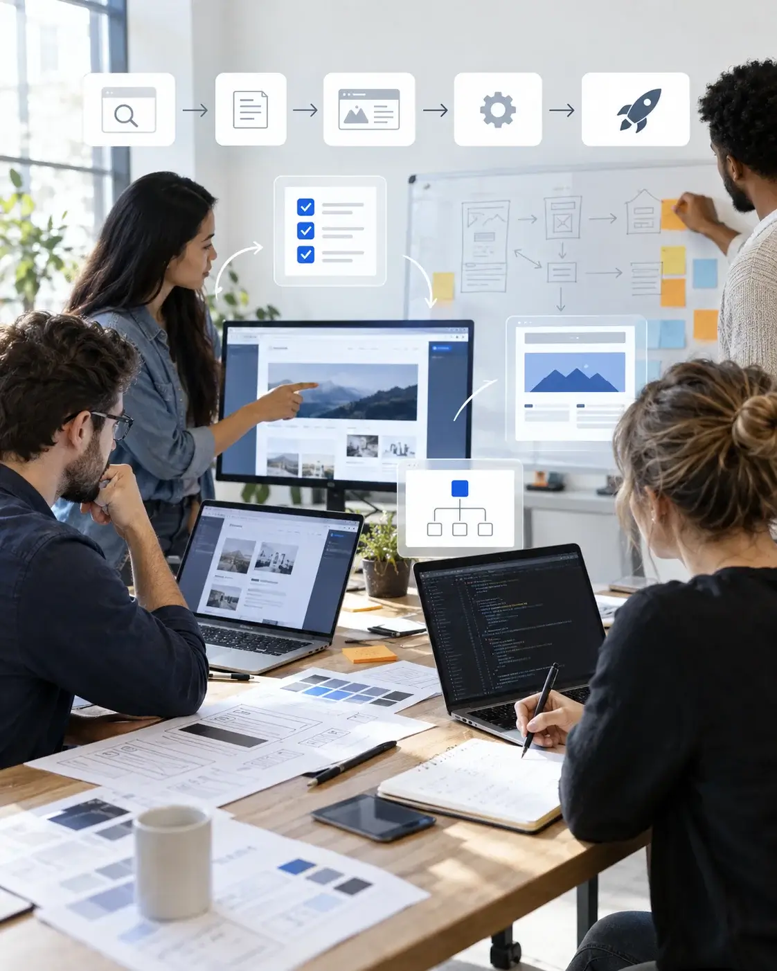A team reviewing a website redesign at a wall screen, before-and-after layouts and a performance chart, with wireframes on the table